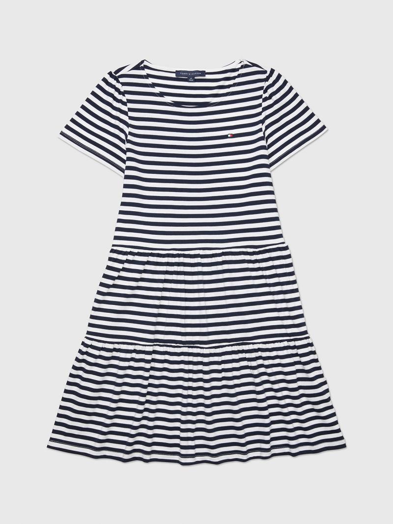 Női Tommy Hilfiger Rövid-Sleeve Stripe Tiered Dresses Kék Fehér | HU 116QMA